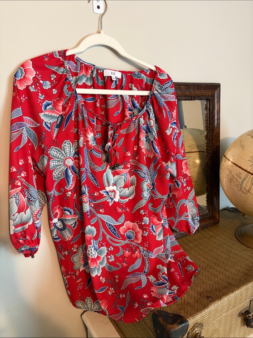 NSR Red Floral Tie-Front Peasant Blouse